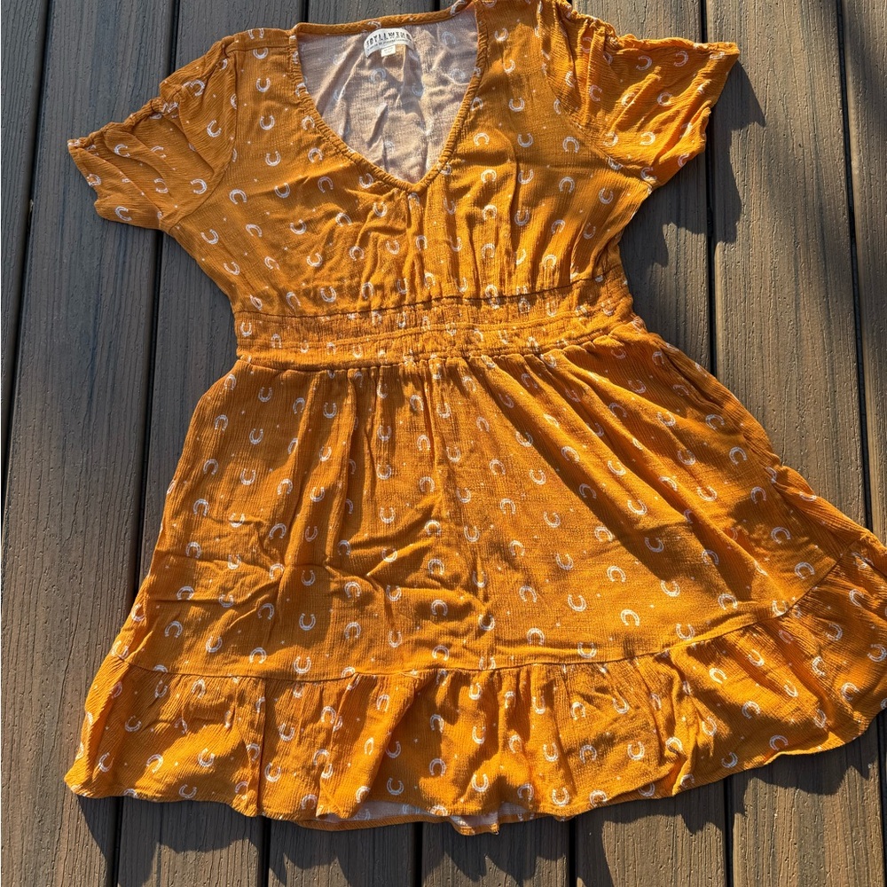 Western Boho Orange Horseshoe Print Dress w Pockets Ruffle Hem XL